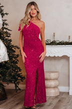 Elegant LuckeLadybug LLC one-shoulder dress with vibrant pink sequin for dress and a stylish slit