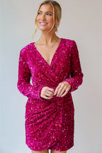 Luxurious pink sequin for dress with long sleeves and a flattering wrap design