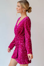 Pink sequin for dress with long sleeves and a stylish wrap design for a dazzling look