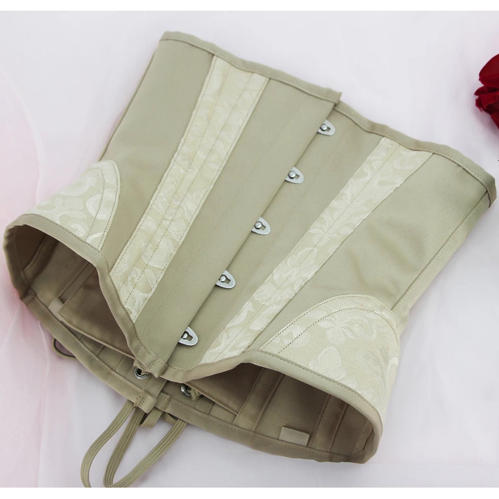 Beige sexy adjustable corset bustier with lace detailing and sturdy hooks for a flattering fit