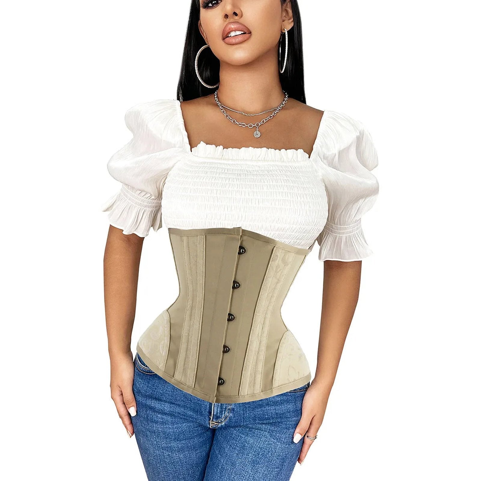 LuckeLadybug LLC sexy adjustable corset bustier in beige, perfect for stylish layering and accentuating curves