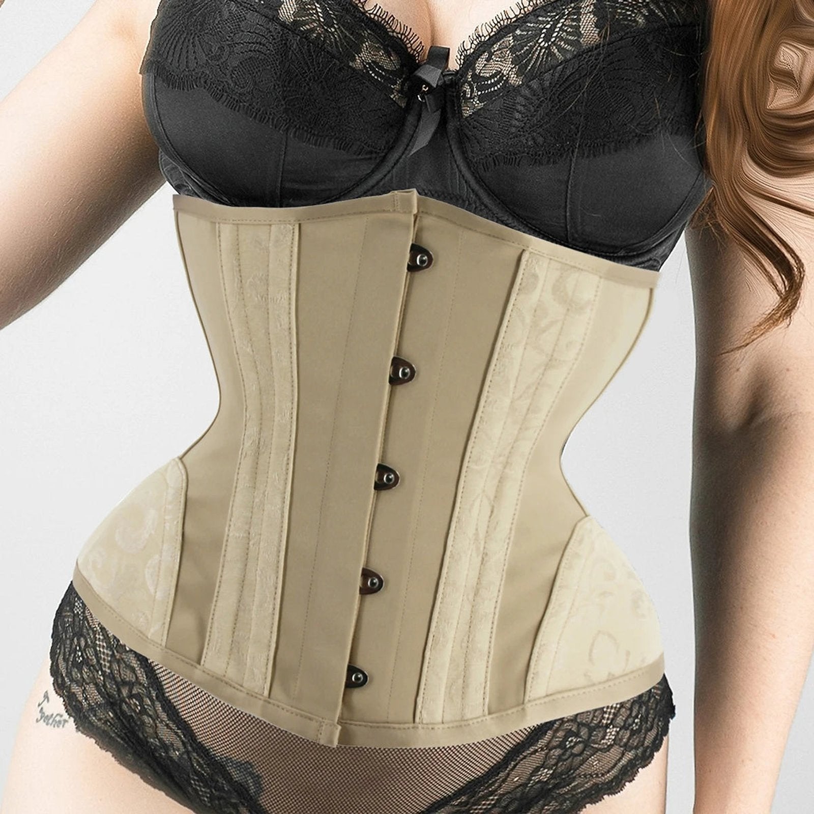 Beige sexy adjustable corset bustier with button details and lace trim for a flattering silhouette