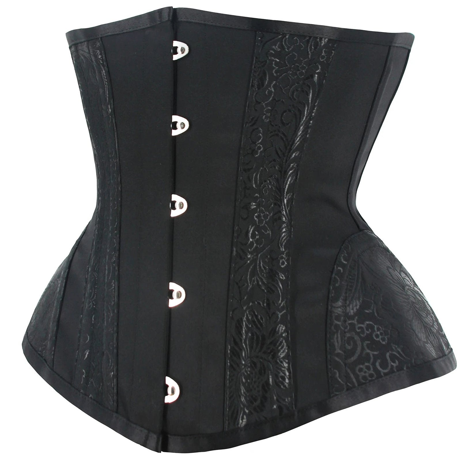 Black sexy adjustable corset bustier with floral patterns and front hook closure for a flattering fit