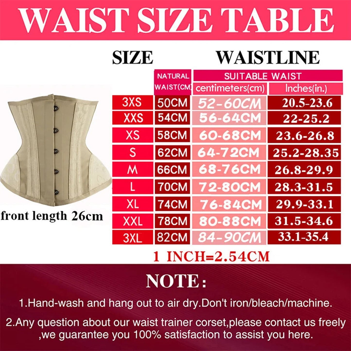 Size chart for LuckeLadybug sexy adjustable corset bustier showing waist sizes and measurements