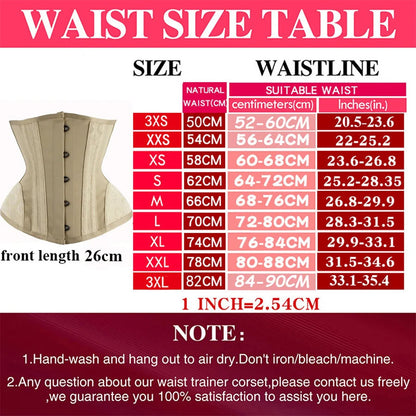 Size chart for LuckeLadybug sexy adjustable corset bustier showing waist sizes and measurements