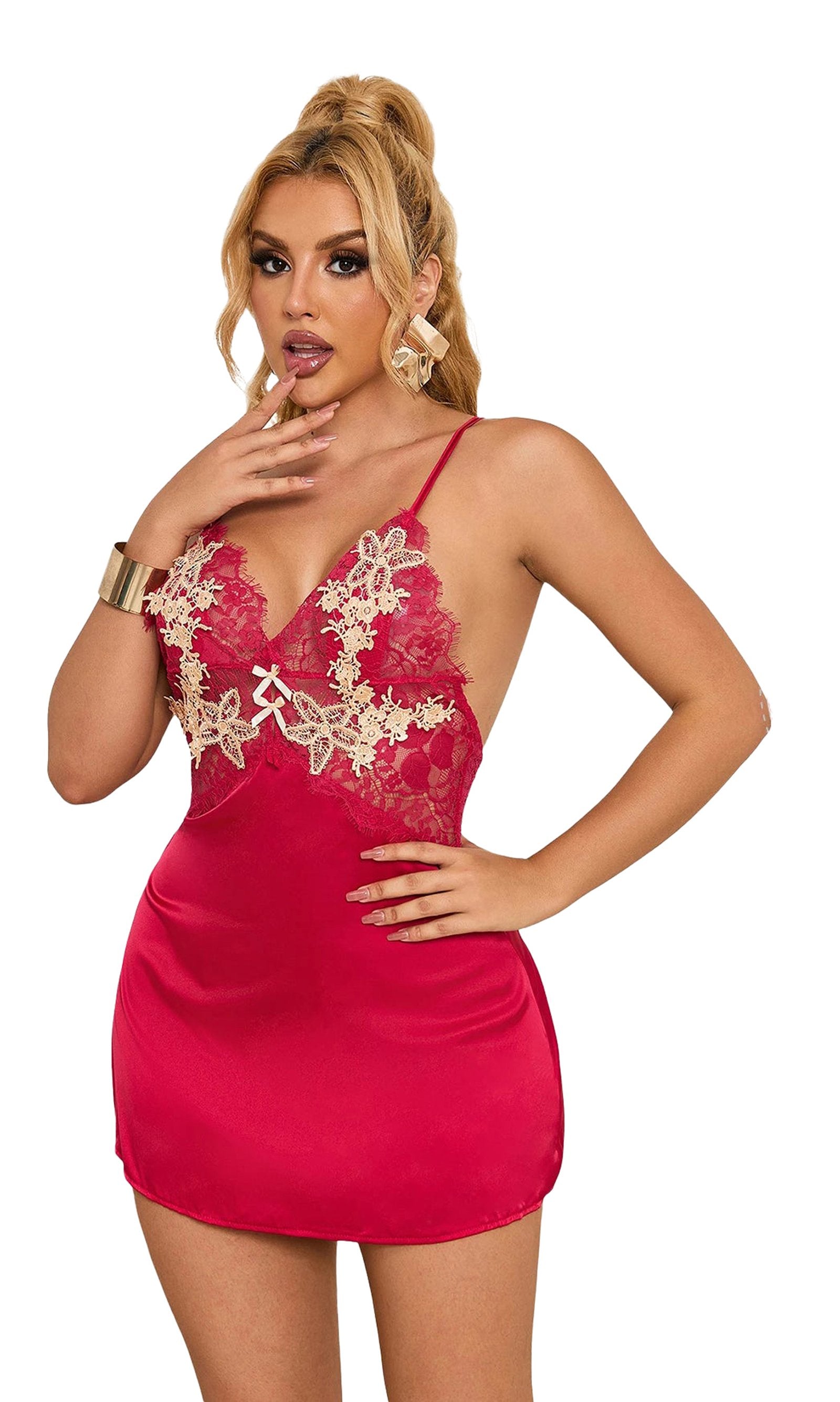 Red satin sexy babydoll nightgown for women with lace details and adjustable straps