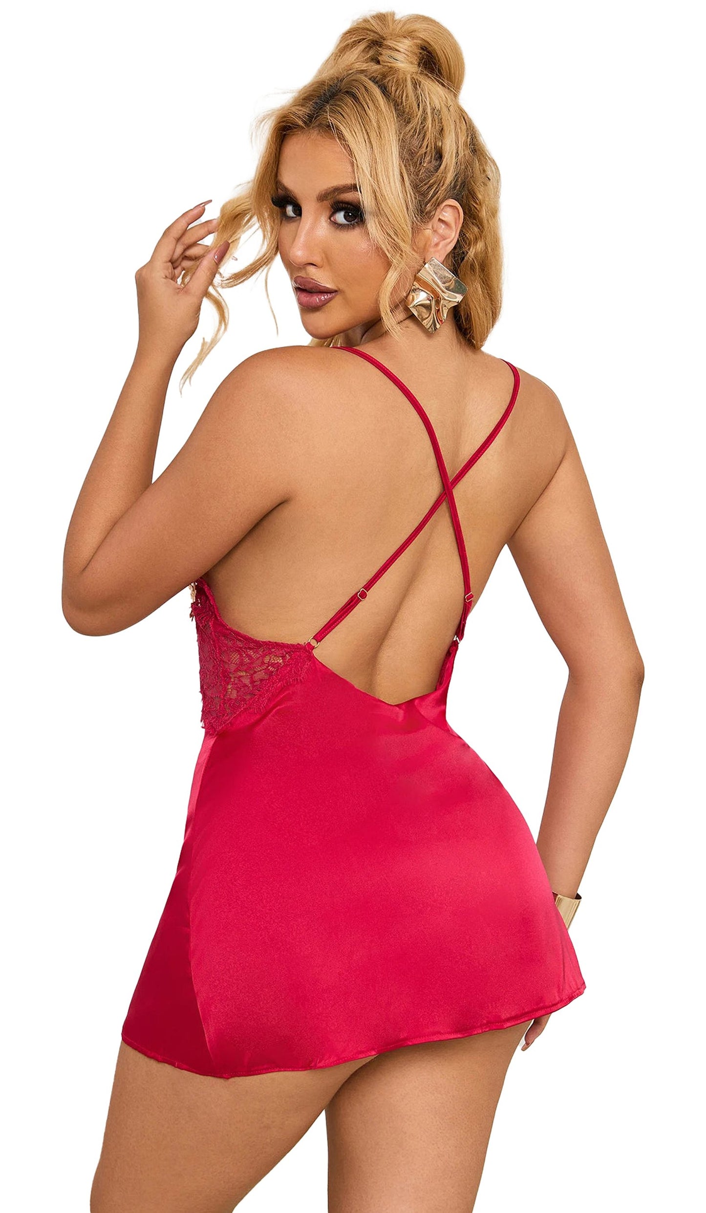 Sexy babydoll nightgown for women in vibrant red with lace detailing and crisscross back design