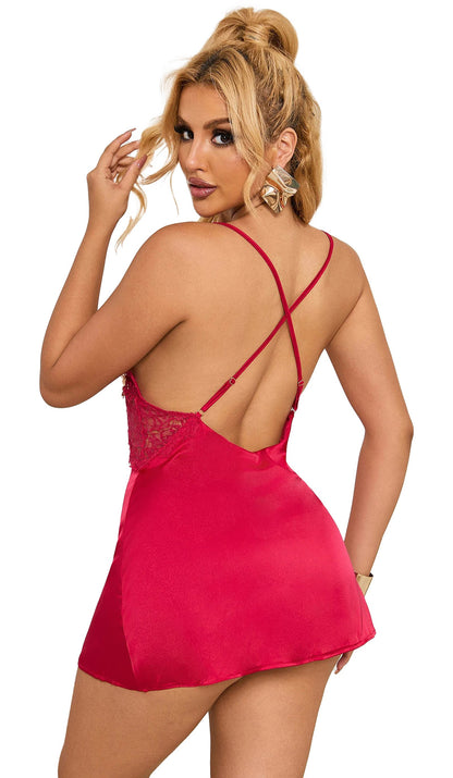 Sexy babydoll nightgown for women in vibrant red with lace detailing and crisscross back design