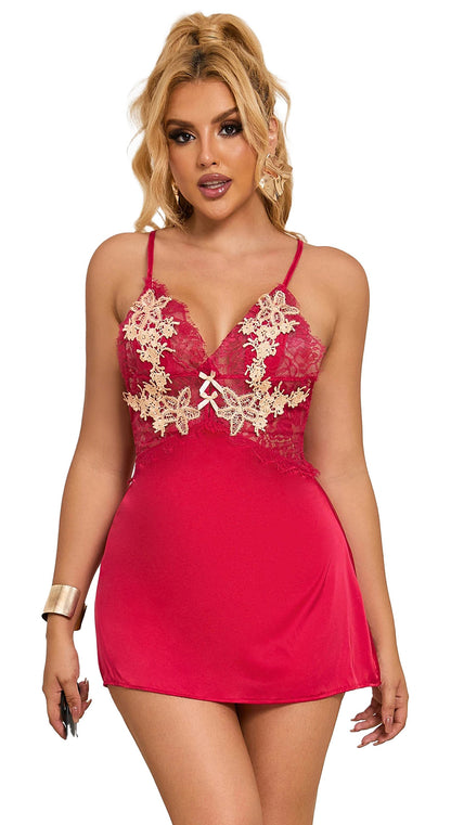 Red sexy babydoll nightgown for women with lace details and adjustable straps