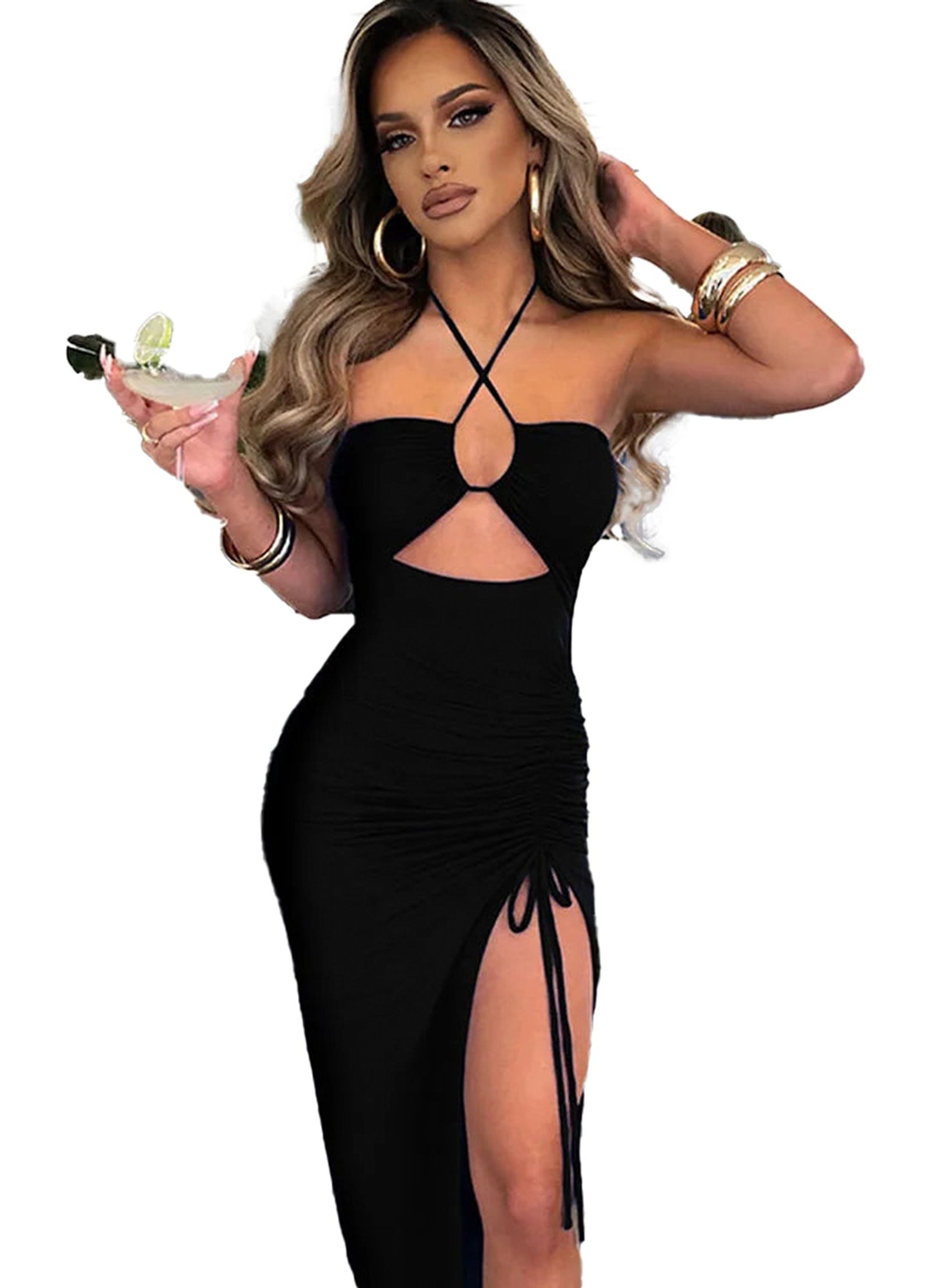 Stylish black sexy backless midi dress with a thigh-high slit and halter neckline