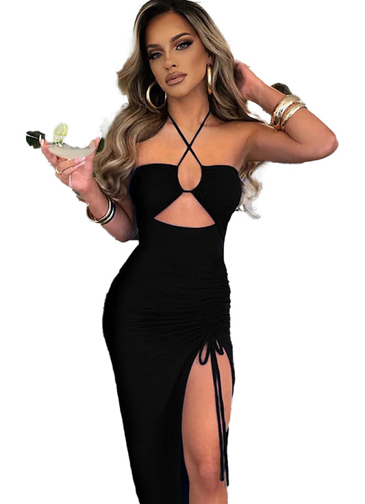 Stylish black sexy backless midi dress with a thigh-high slit and halter neckline