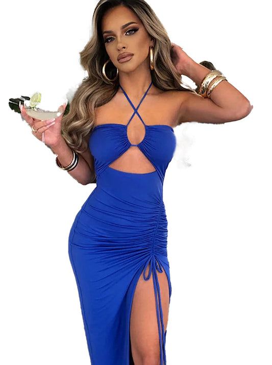 Stunning blue sexy backless midi dress with ruched detailing and high slit for a glamorous look