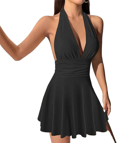 LuckeLadybug LLC sexy backless mini dress in black with a flattering halter neckline and flared skirt