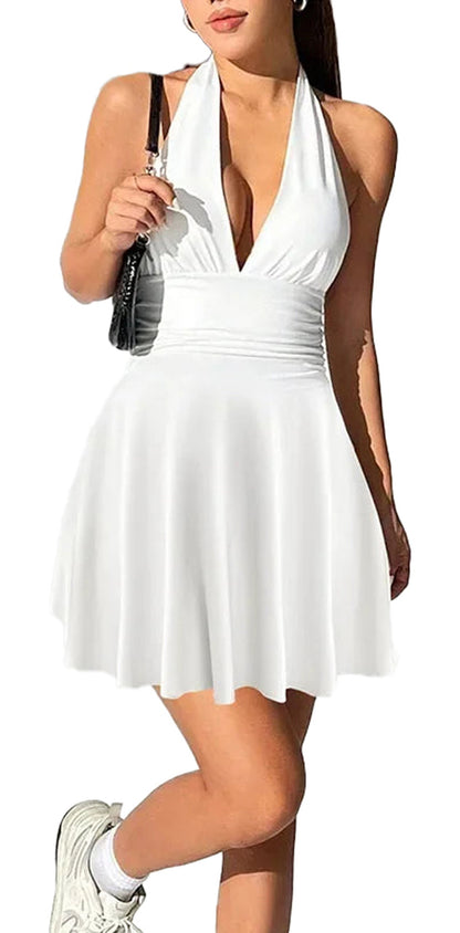 LuckeLadybug LLC sexy backless mini dress in white with a flattering halter neckline and flared skirt