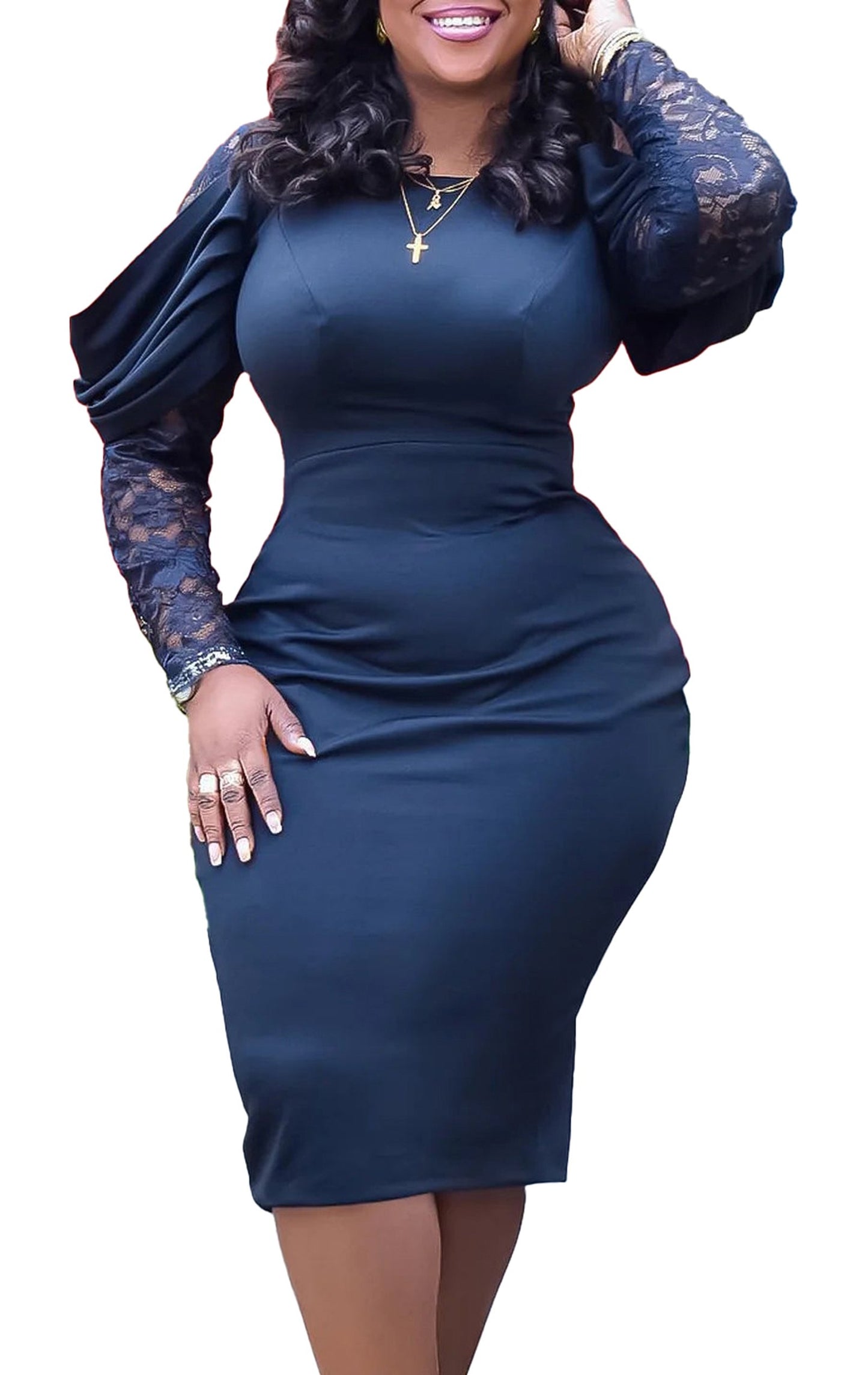 Elegant black bodycon dress for women with lace sleeves, perfect for evening events and parties