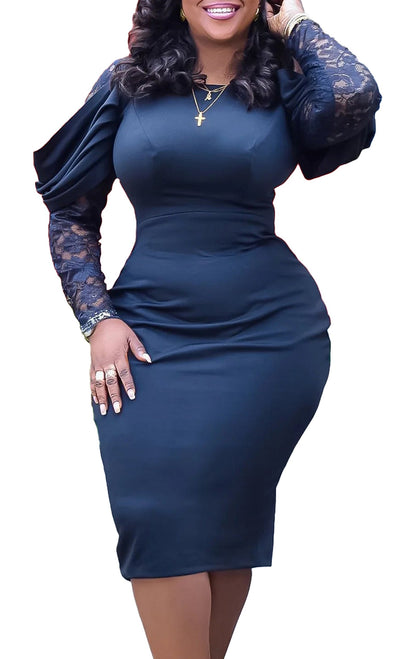 Elegant black bodycon dress for women with lace sleeves, perfect for evening events and parties