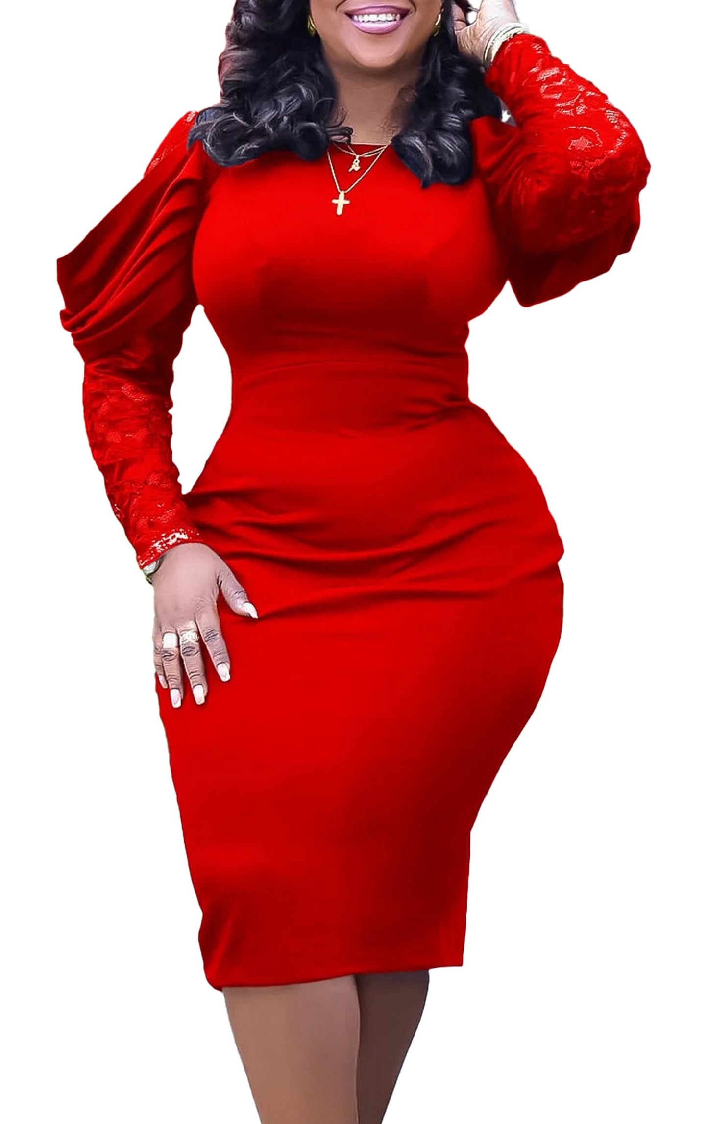 Elegant red bodycon dress for women with long sleeves and stylish puff shoulder design, perfect for any occasion