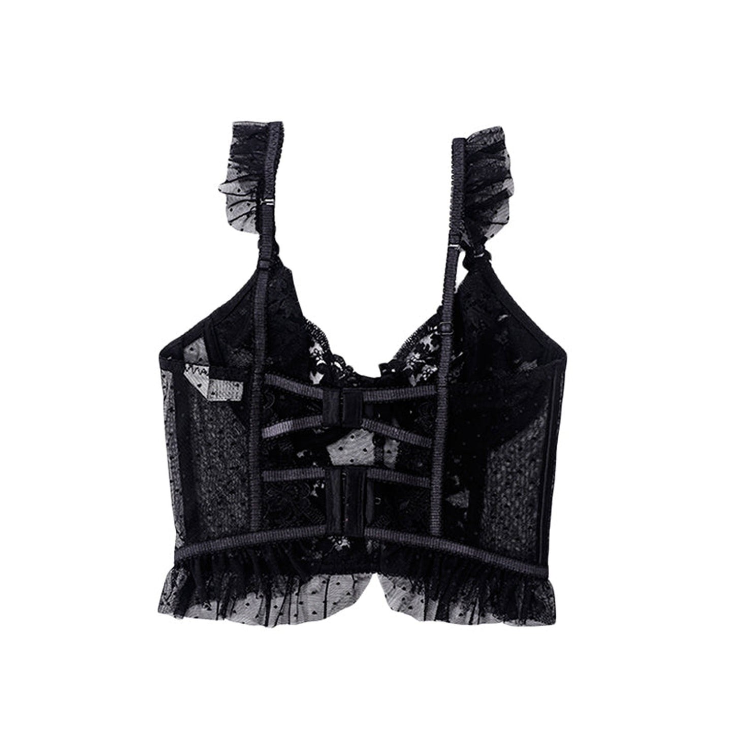 Black lace sexy bustier corset top for women with ruffled straps and a sheer design