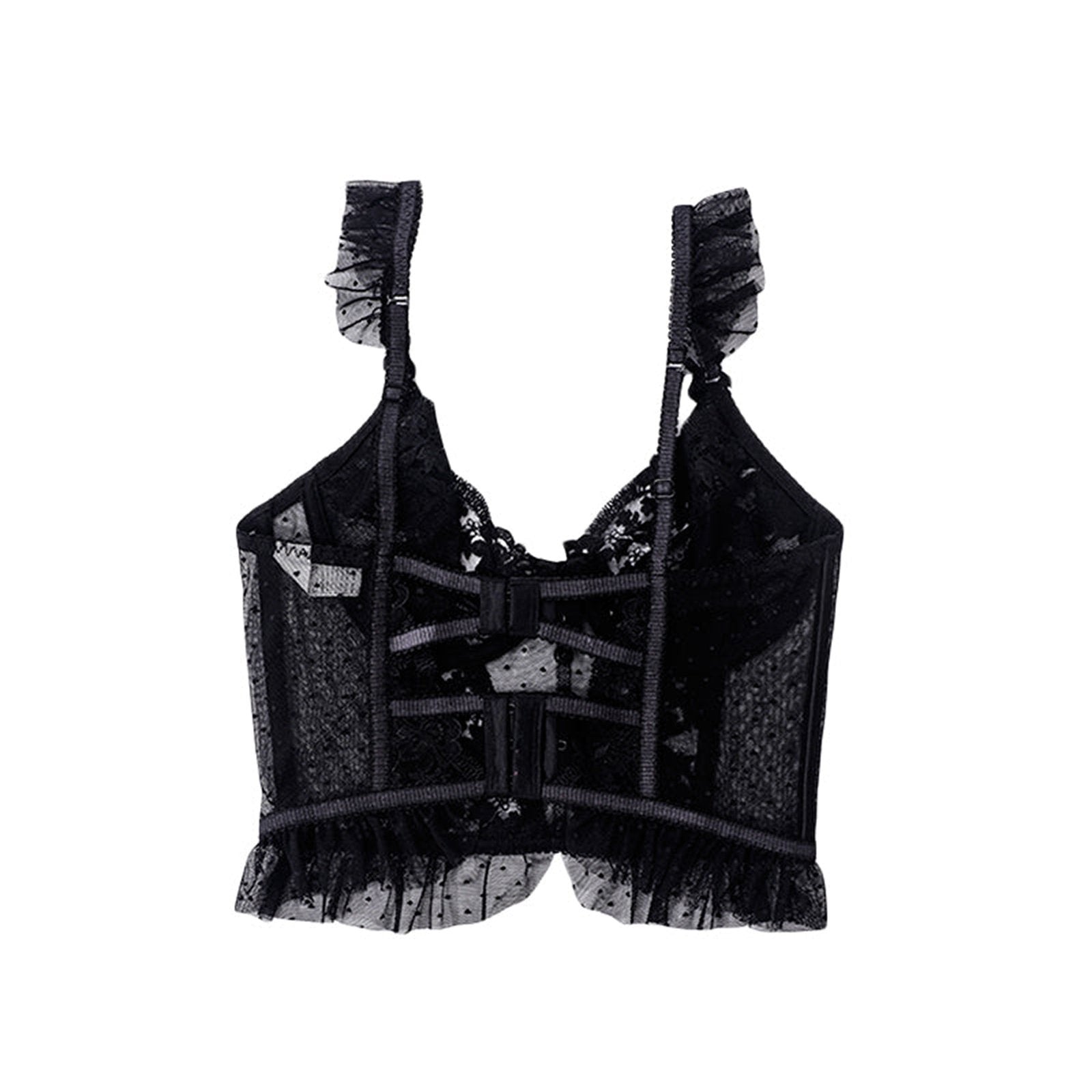 Black lace sexy bustier corset top for women with ruffled straps and a sheer design