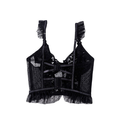 Black lace sexy bustier corset top for women with ruffled straps and a sheer design
