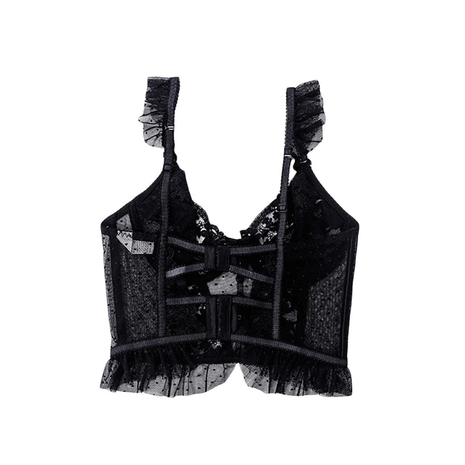 LuckeLadybug sexy bustier corset top for women with lace details and ruffled straps