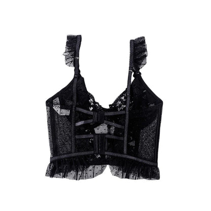 LuckeLadybug sexy bustier corset top for women with lace details and ruffled straps