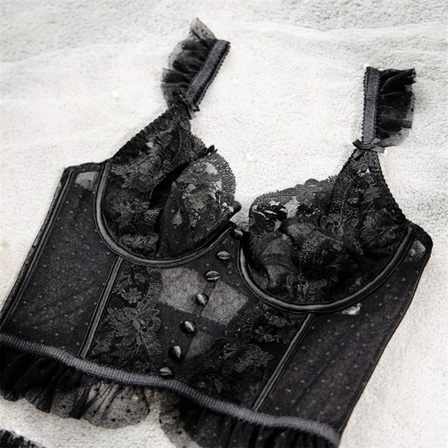Black lace sexy bustier corset top for women with ruffle straps and button details