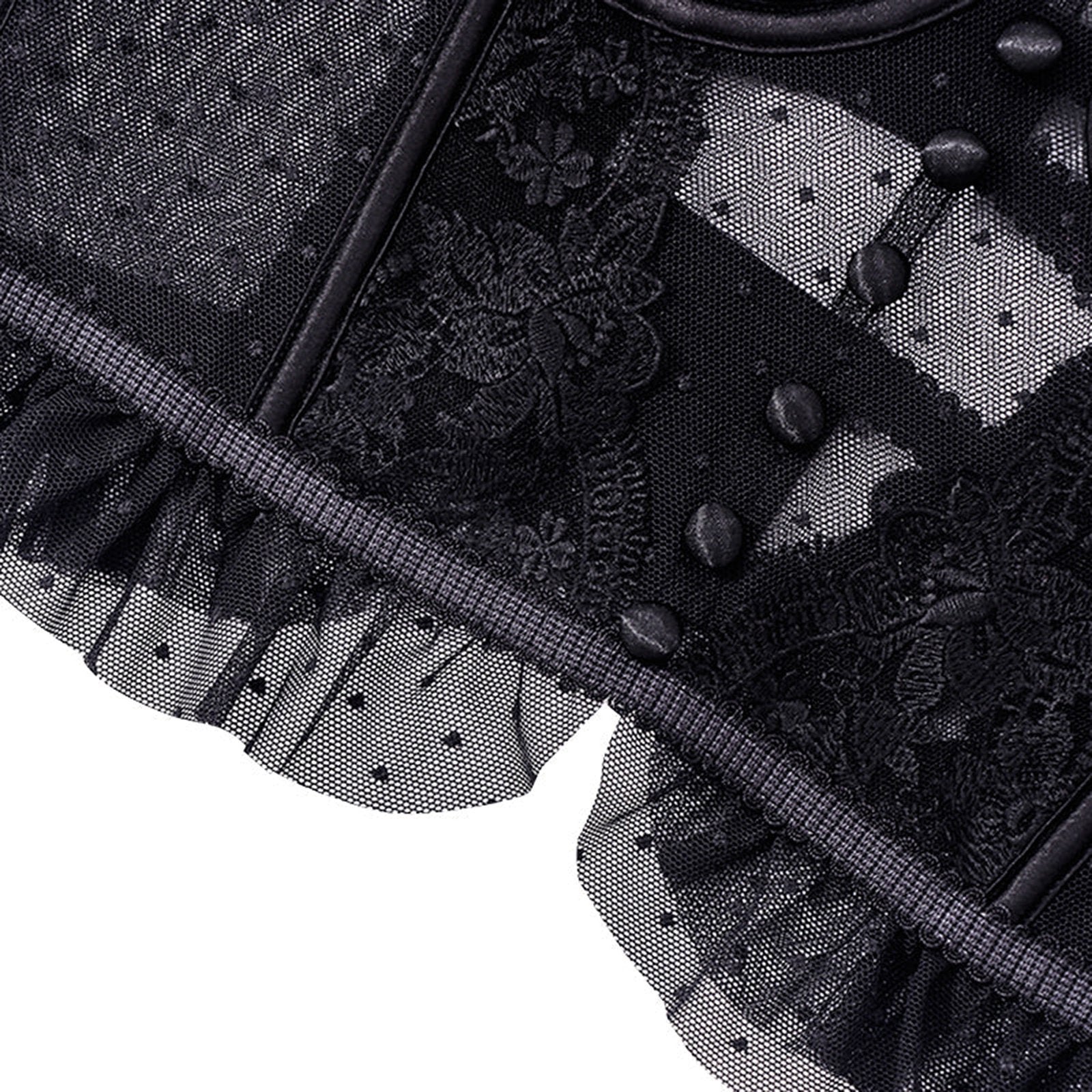 Elegant black sexy bustier corset top for women with lace detailing and ruffled edges