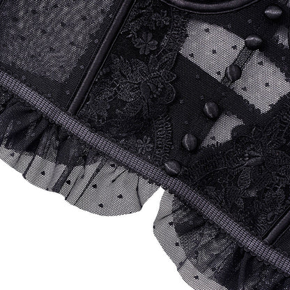 Elegant black sexy bustier corset top for women with lace detailing and ruffled edges