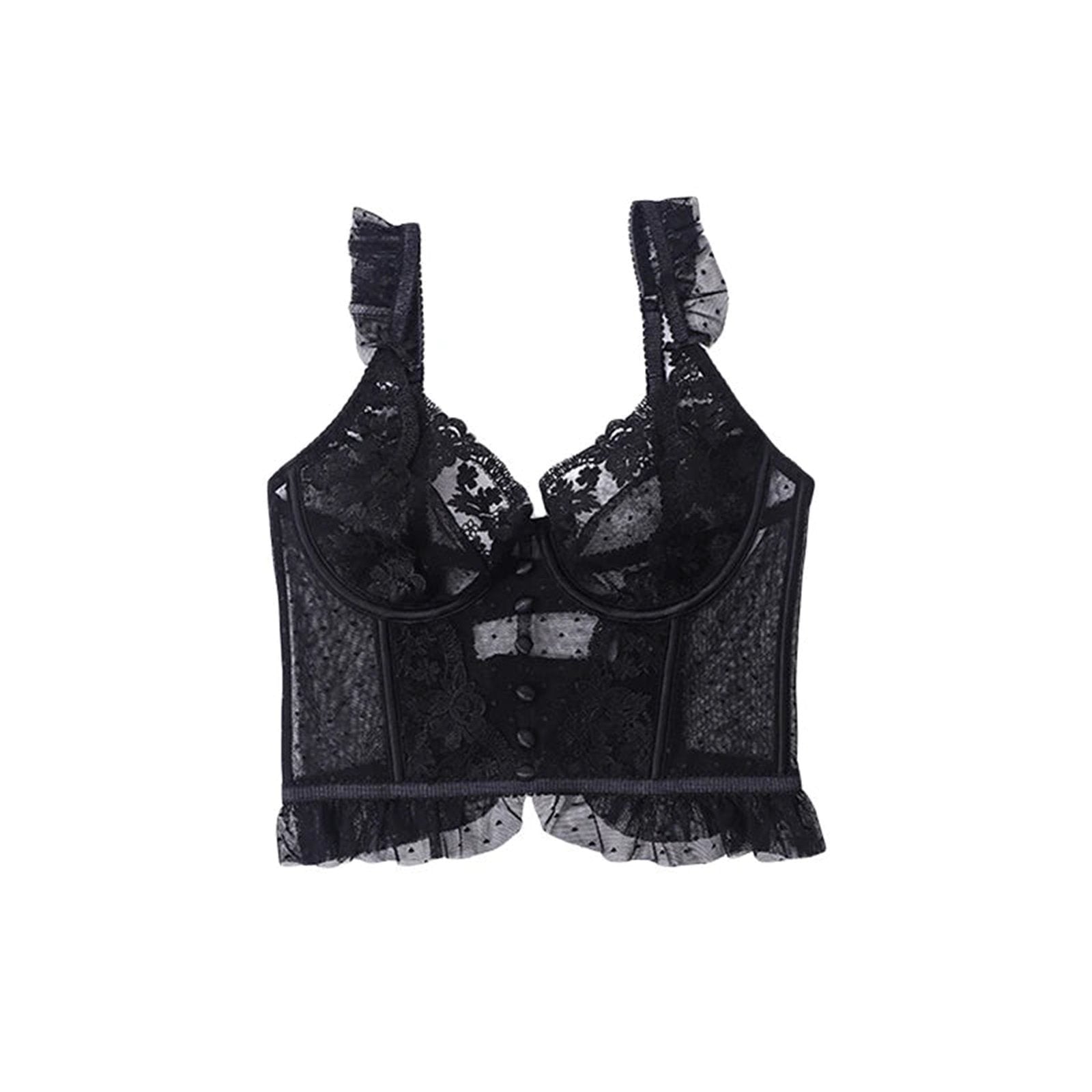 Elegant black lace sexy bustier corset top for women with ruffle detail and adjustable straps