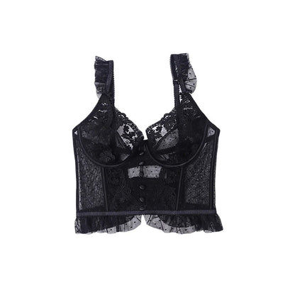 Elegant black lace sexy bustier corset top for women with ruffle detail and adjustable straps