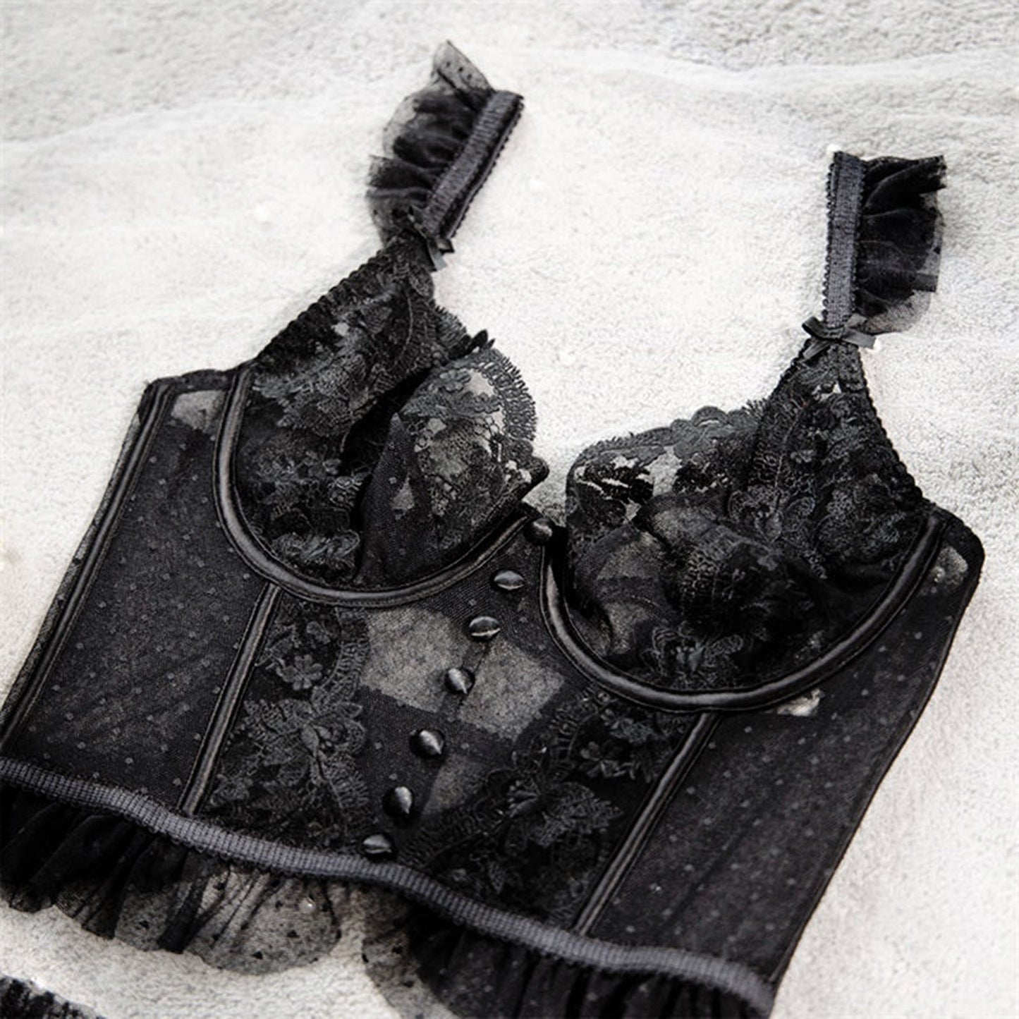 Elegant black lace sexy bustier corset top for women with ruffled straps and button details
