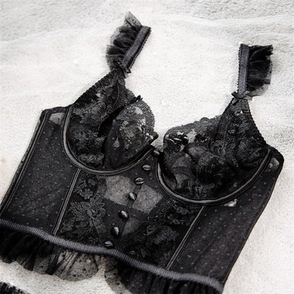 Elegant black lace sexy bustier corset top for women with ruffled straps and button details