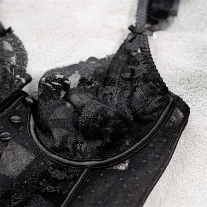 Elegant black lace sexy bustier corset top for women with intricate detailing and adjustable straps