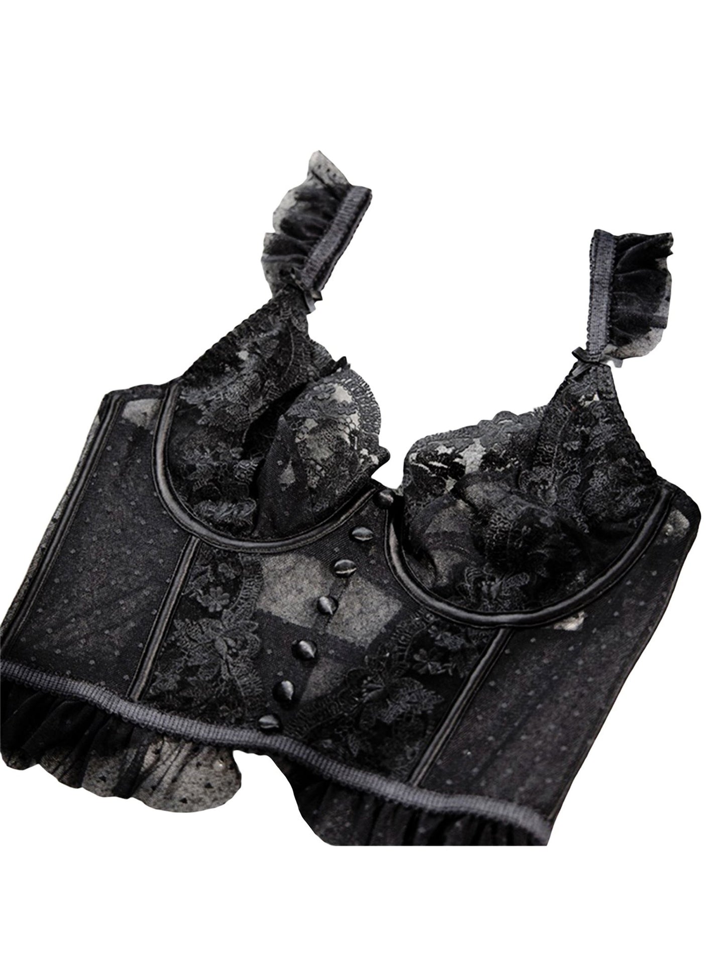 Black lace sexy bustier corset top for women with ruffled straps and floral design