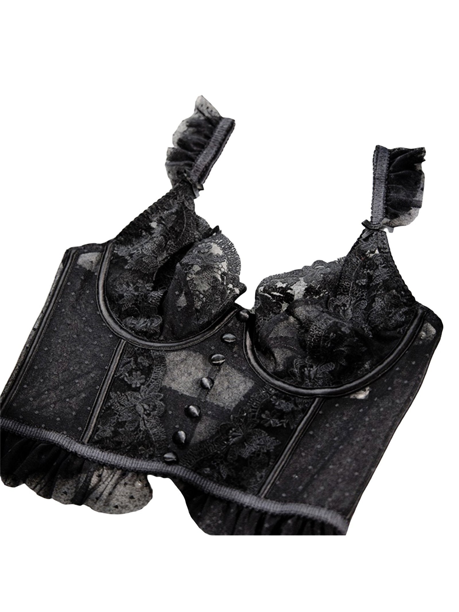 Black lace sexy bustier corset top for women with ruffled straps and floral design