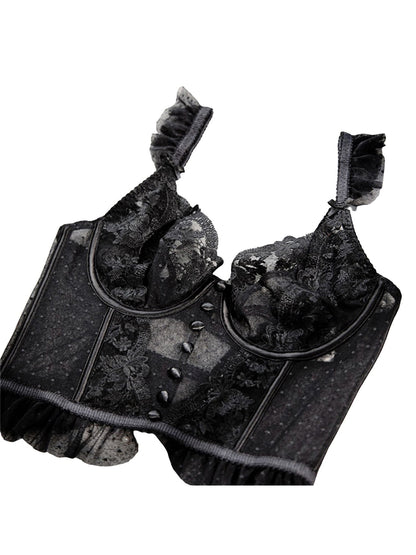 Black lace sexy bustier corset top for women with ruffled straps and floral design
