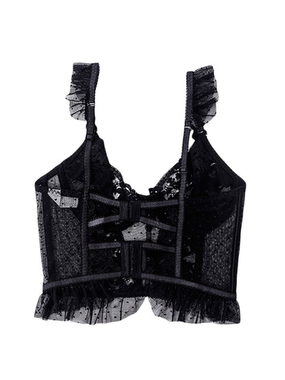 LuckeLadybug LLC sexy bustier corset top for women in black lace with ruffled straps and detailing
