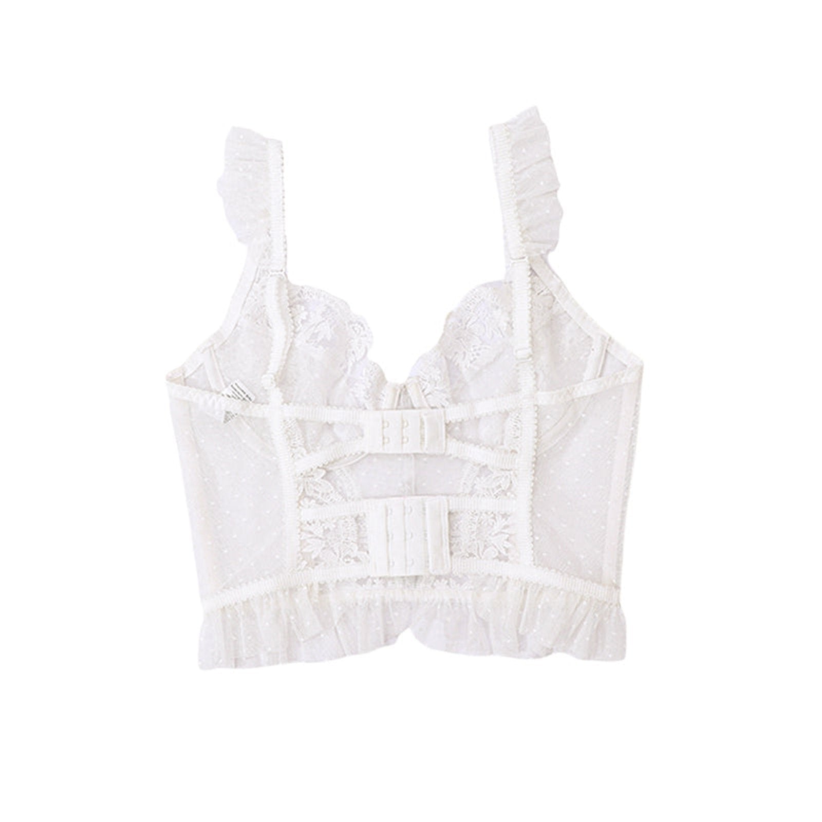 LuckeLadybug LLC sexy bustier corset top for women in white lace with ruffled details