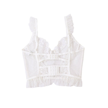 LuckeLadybug LLC sexy bustier corset top for women in white lace with ruffled details