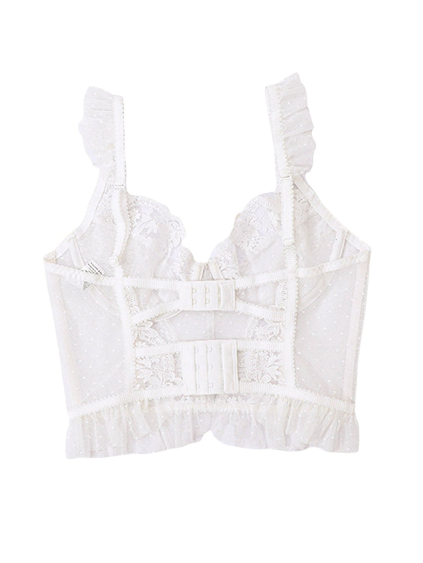 White sexy bustier corset top for women with lace detailing and ruffled trim
