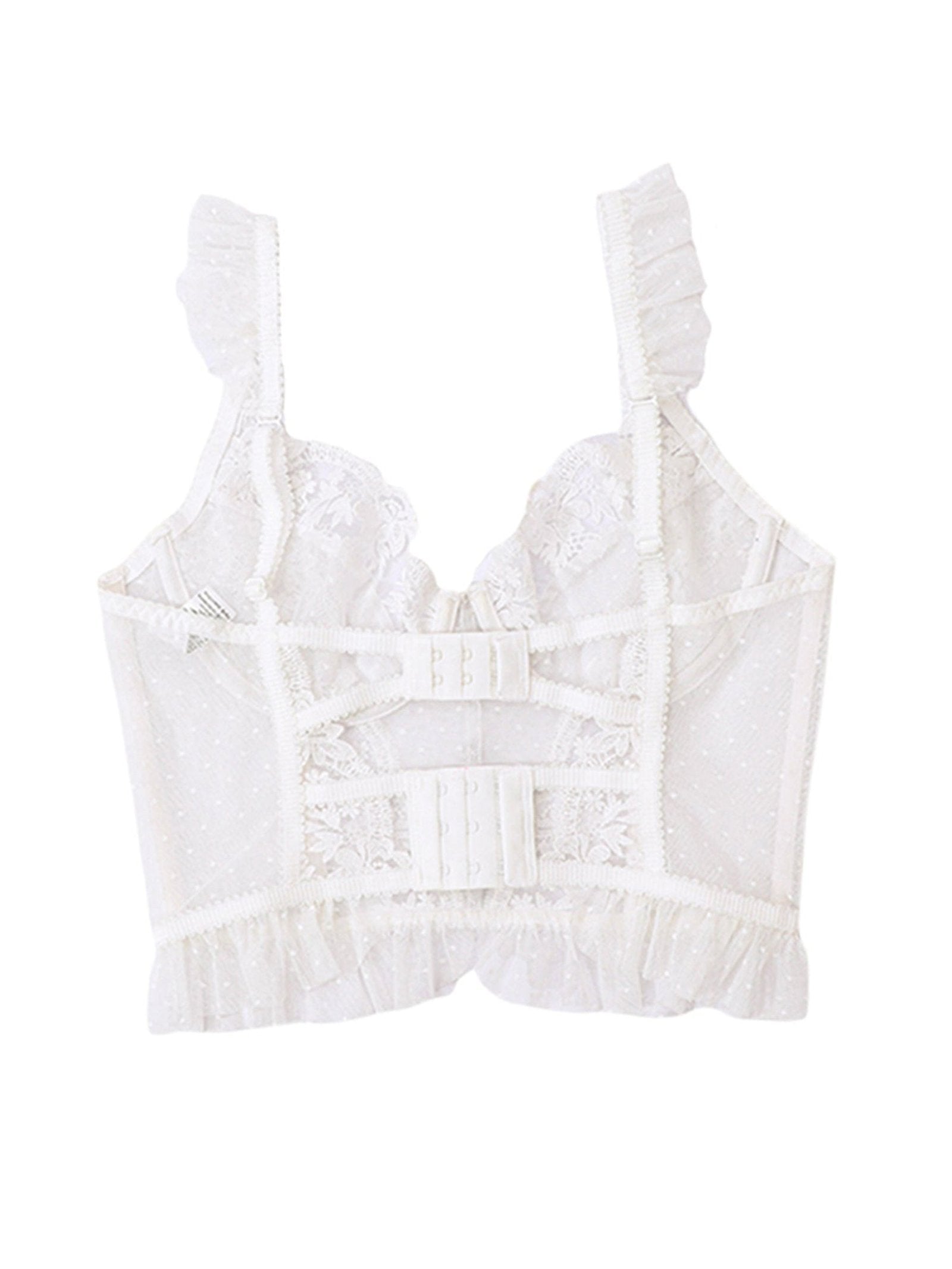 White sexy bustier corset top for women with lace detailing and ruffled trim