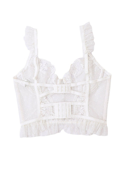 White sexy bustier corset top for women with lace detailing and ruffled trim