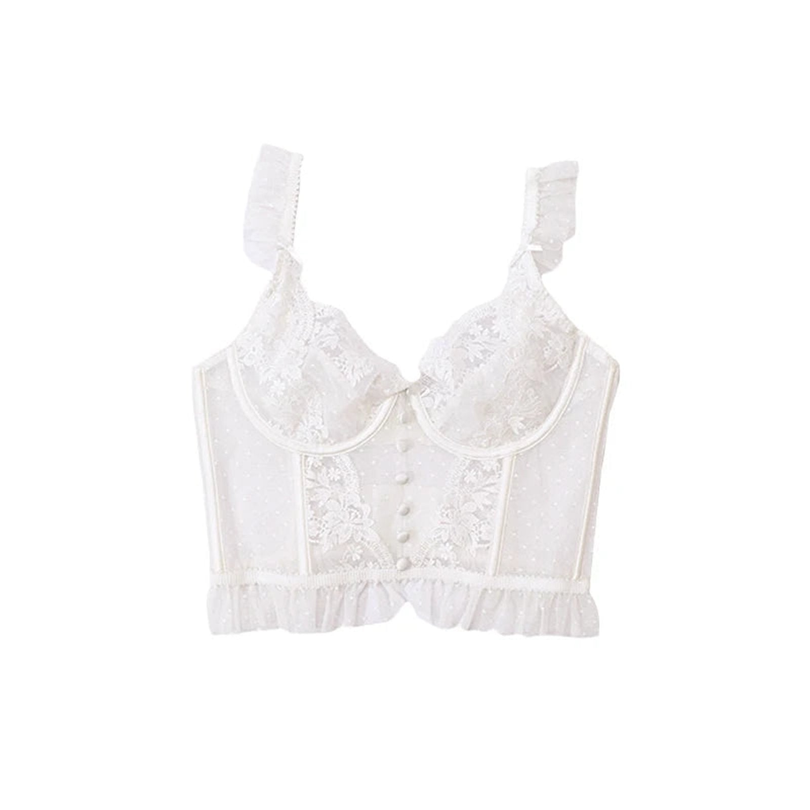 Elegant white sexy bustier corset top for women with lace detail and ruffled hem