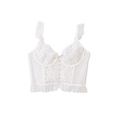 Elegant white sexy bustier corset top for women with lace detail and ruffled hem