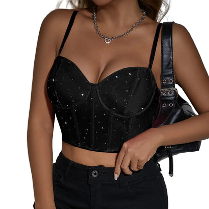 LuckeLadybug sexy corset top for women in black adorned with sparkling details