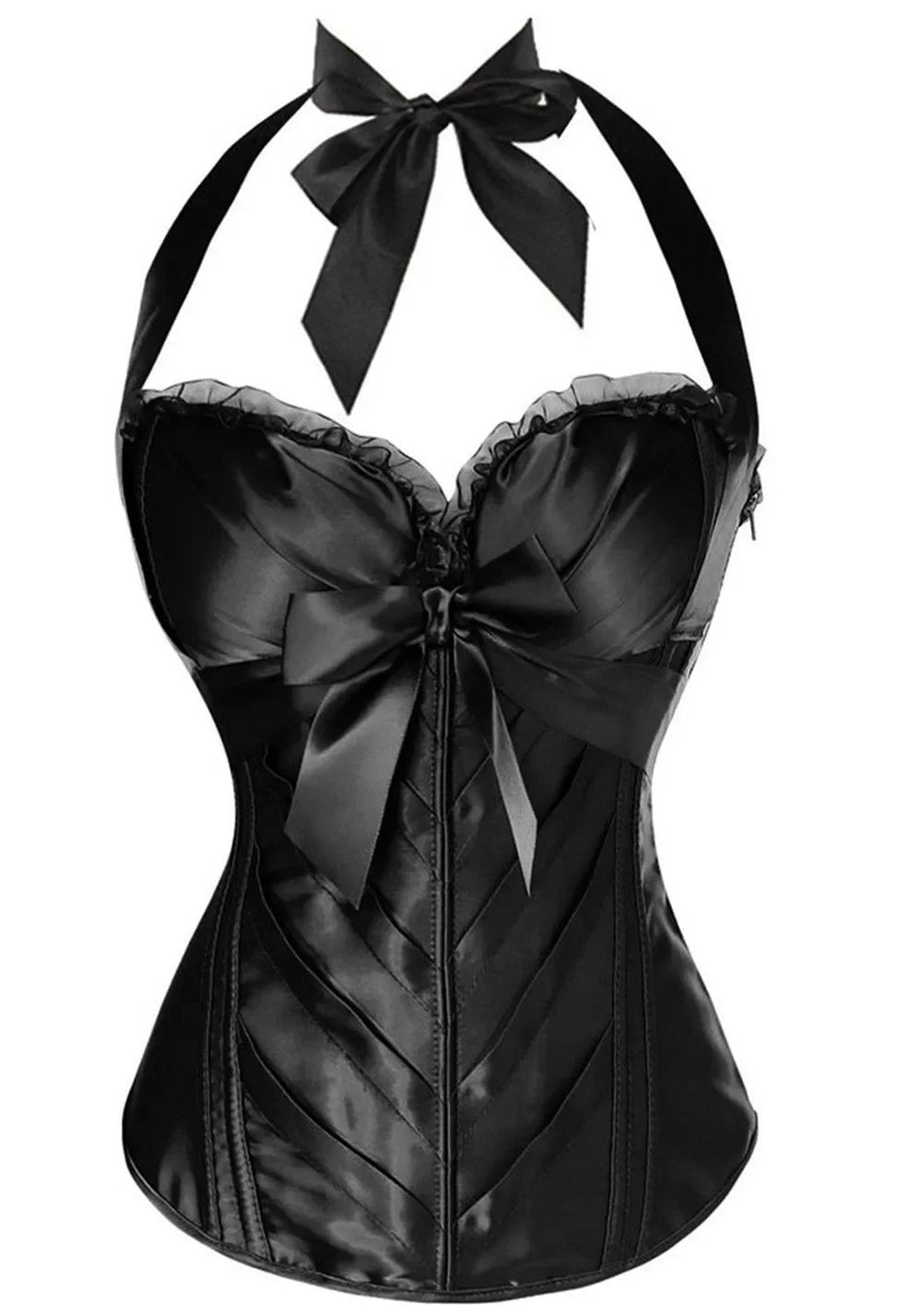 Elegant black sexy corset top for women with satin finish and bow details for a flattering silhouette