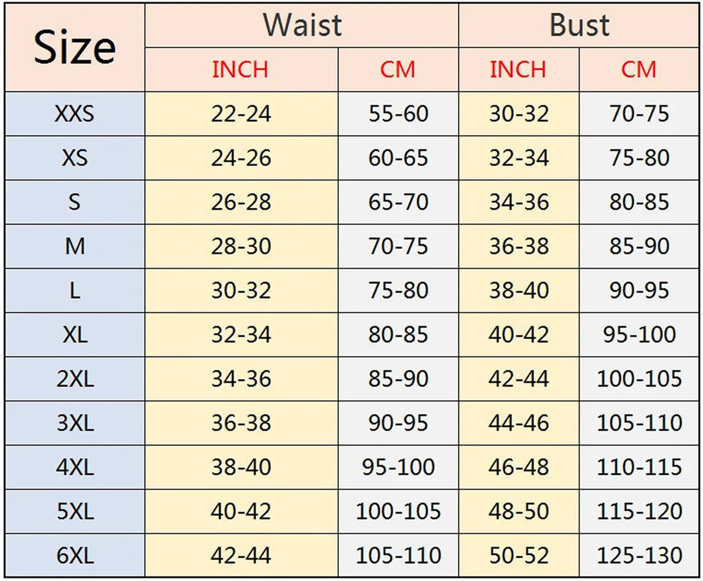 Size chart for sexy corset top for women with waist and bust measurements in inches and centimeters