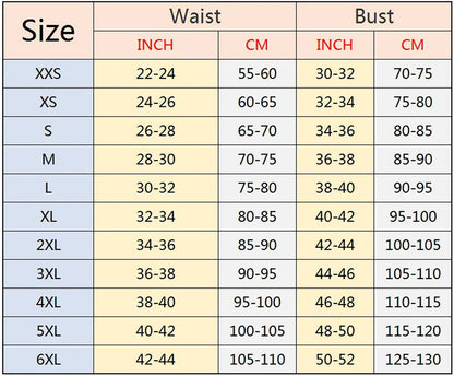 Size chart for sexy corset top for women with waist and bust measurements in inches and centimeters