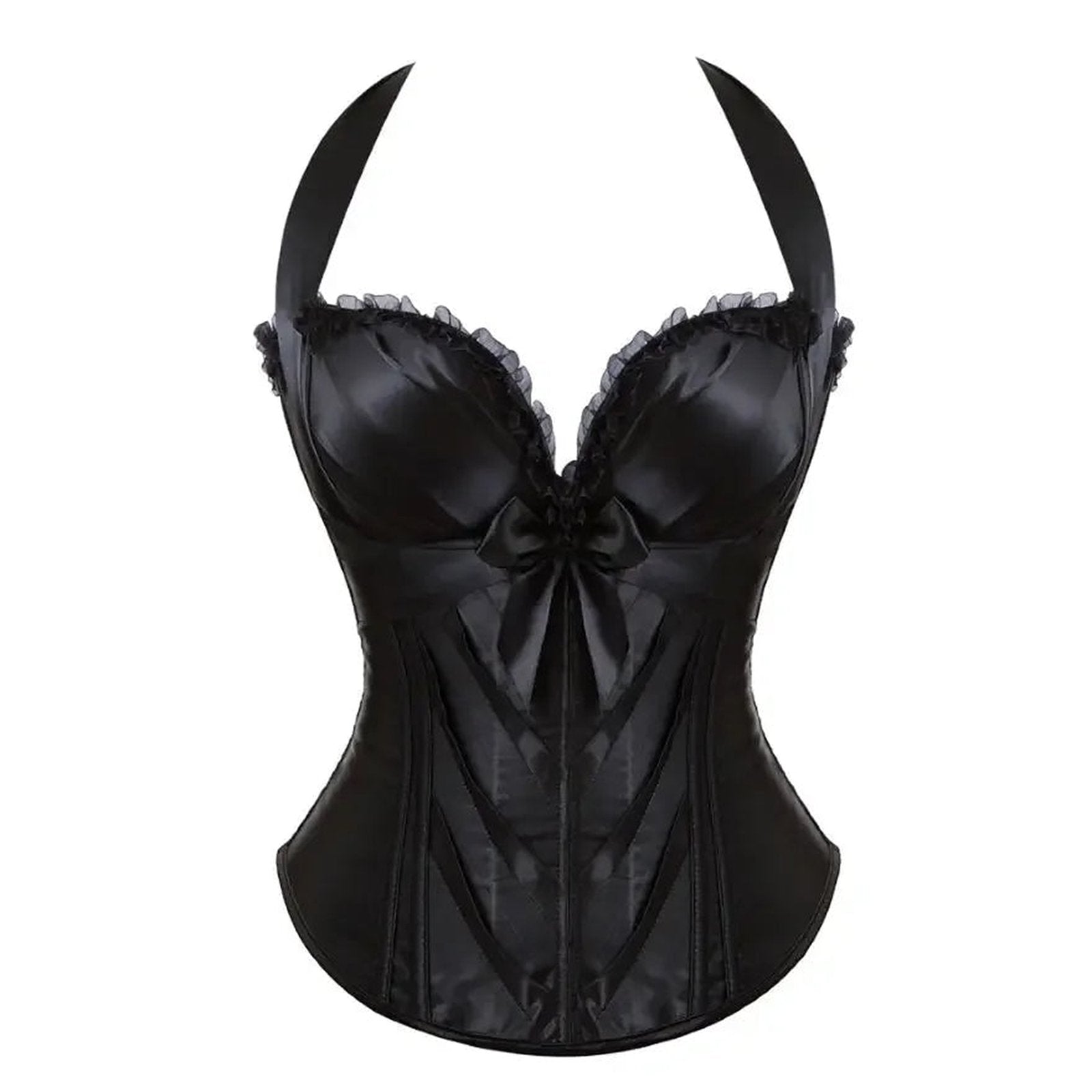 Elegant black sexy corset top for women with ruffle details and bow accent